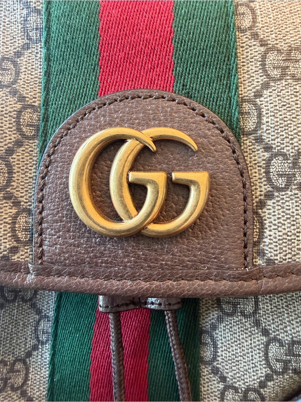 Gucci GG Supreme Coated Canvas Backpack with Red & Green Stripe and Brown Trim - Picture 4 of 16